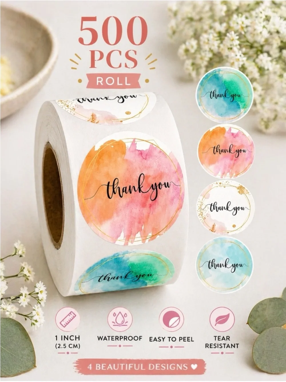 500 Thank You Stickers Roll 1” Round Packaging Labels Small Business NWT